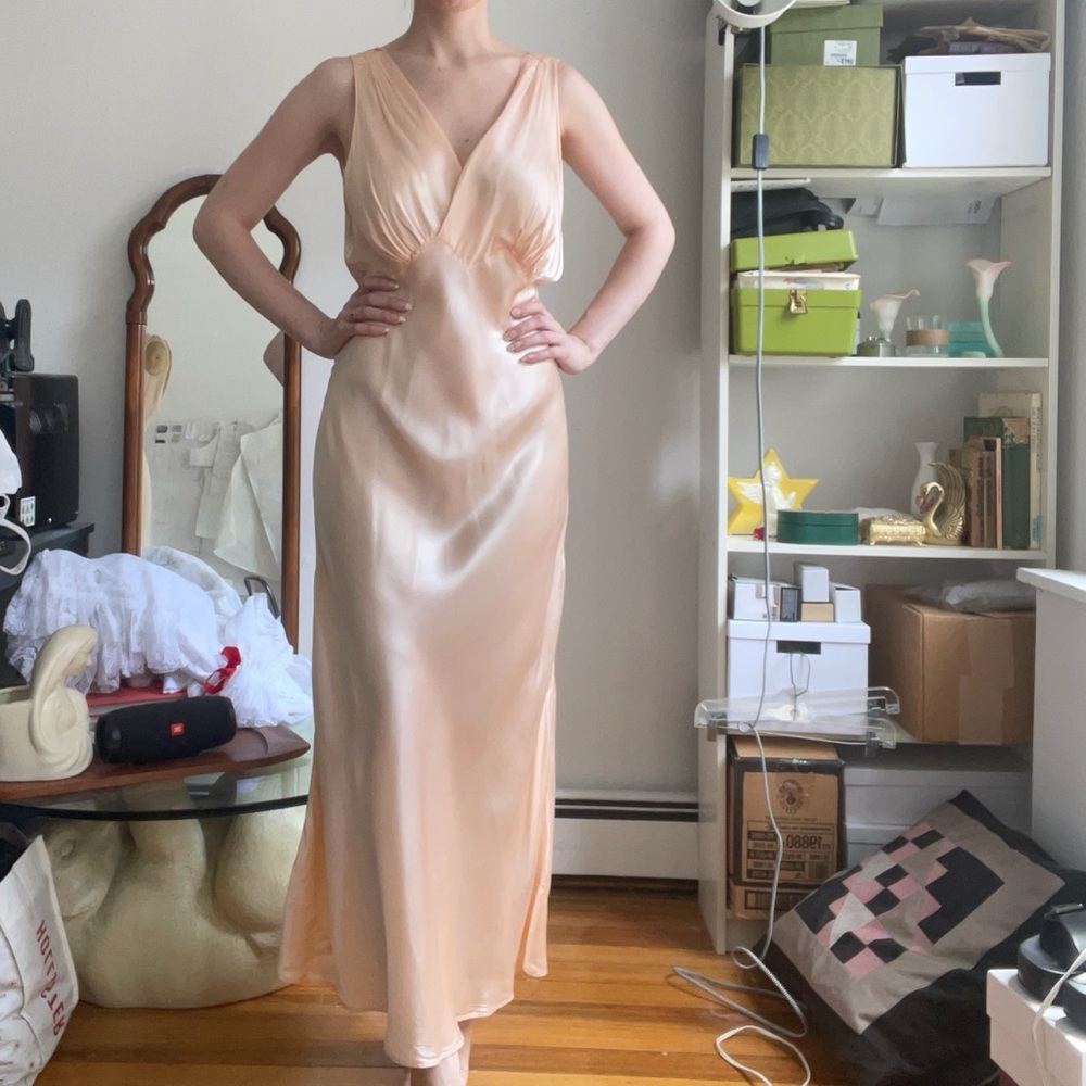 1930s vintage peach liquid satin slip dress